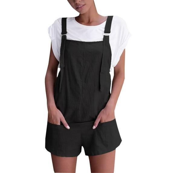 Babysbule Women Shorts Clearance Women Elastic Waist Dungarees Linen Cotton Pockets Rompers Playsuit Shorts BK/M