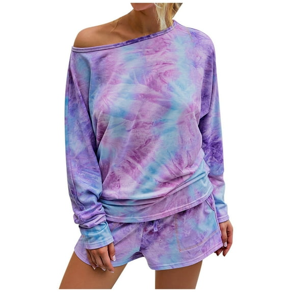 Babysbule Women Shorts Women's Tie-Dye Print Long Sleeve O-Collar Pullover Leisure Tops + Shorts Set