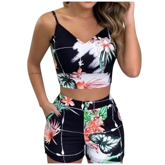 Babysbule Women Shorts Fashion Women Printed Sleeveless Camis V-Neck Blouse+Shorts Pants Set