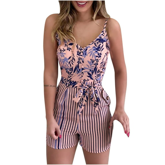 Babysbule Women Shorts Womens Fashion Leaf And Stripe Printed Sling Short Jumpsuit With Belt And Pocket