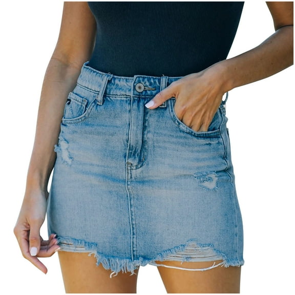 Babysbule Women Skirts Women's Summer Fashion High Waist Ripped Washed Edge Denim Wrap Hip Skirt