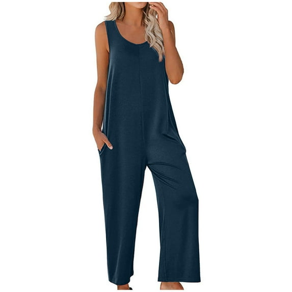Babysbule Women Strap Jumpsuit Overall Summer New Style Solid Color Pocket Casual Jumpsuit Female Trousers