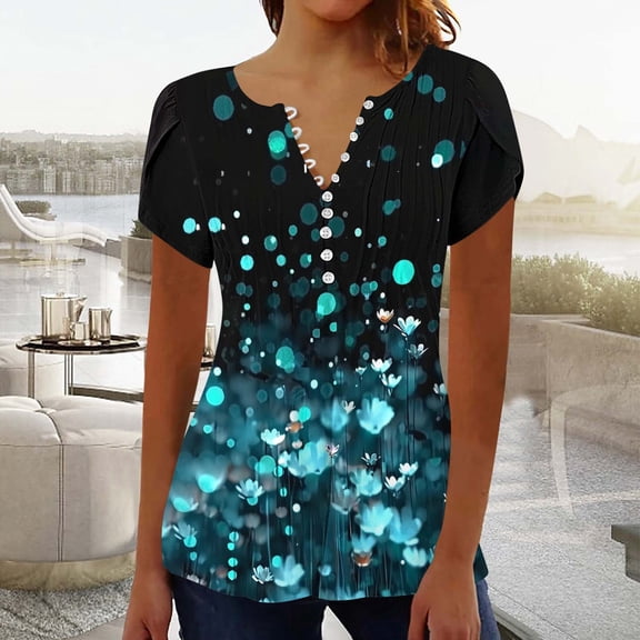 Babysbule Women Summer V Neck Button Top Fold Printed Casual Short Sleeve T-Shirt Blouse for Party Beach Daily Wear