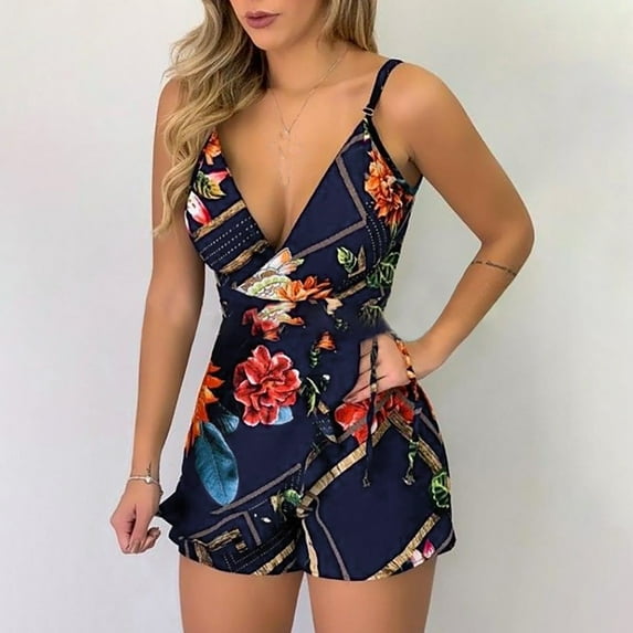 Babysbule Women Summer Shorts Womens Fashion Leaf And Stripe Printed Sling Short Jumpsuit With Belt