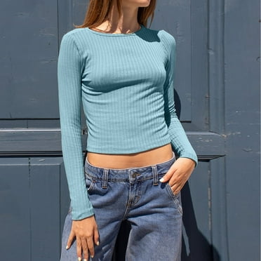 Babysbule Women Summer Solid Tops Regular Button Round Neck Long Sleeve Womens Fashion Top