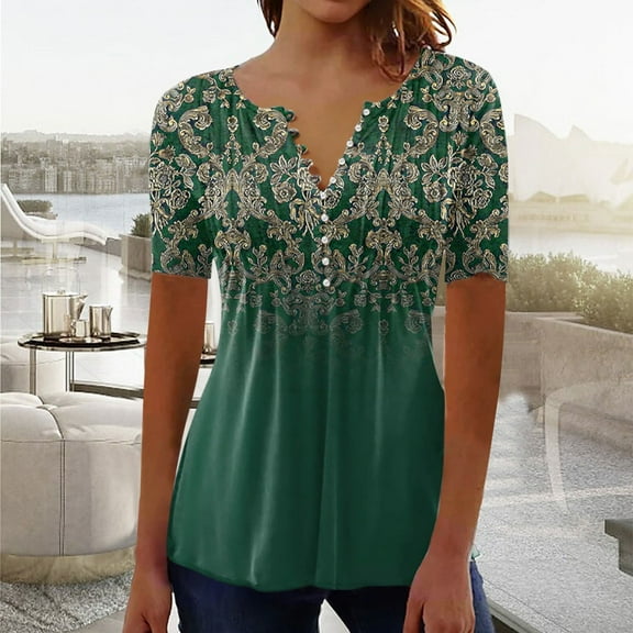 Babysbule Women Summer Tops Shirts Women Fashion Casual Print Round Neck Loose Short Sleeve T-shirt Top Blouse Pullover