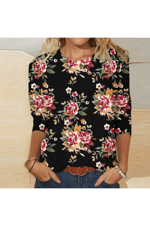 Women Summer Tops Shirts Women's Fashion Three Quarter Sleeve Retro Round Neck Printed Loose Blouse