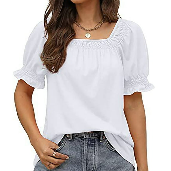 Babysbule Women Summer Tops Shirts Womens Casual Solid Color Square Neck Short Sleeve Tops Blouses