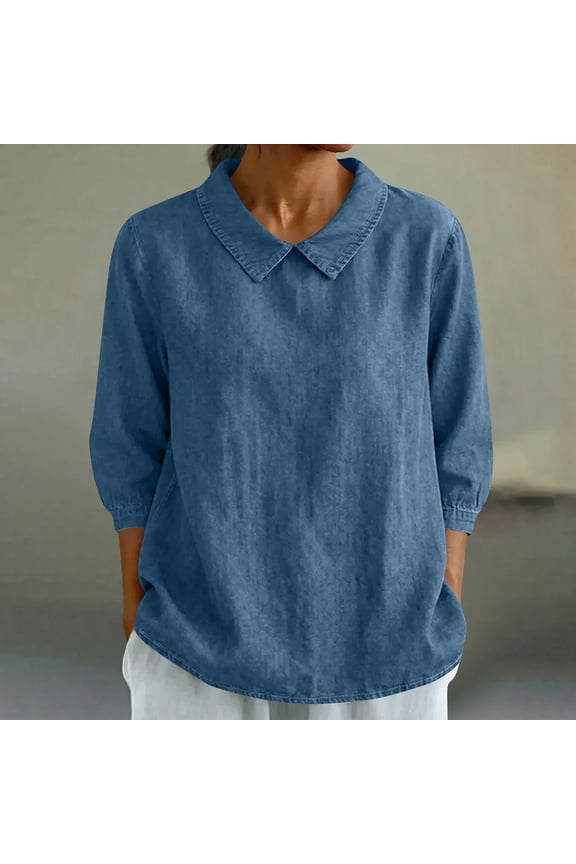 Women's 3/4 Sleeve Collared Pullover Top Loose Fit Rayon Polyester Blend Casual Blouse for Spring Summer Daily Home & Work Wear