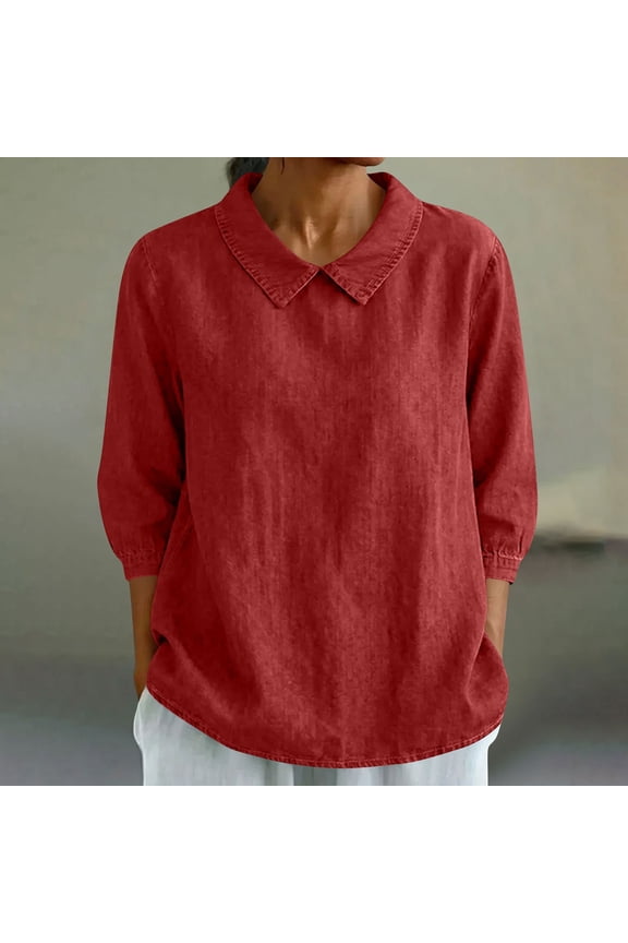 Women's 3/4 Sleeve Collared Pullover Top Loose Fit Rayon Polyester Blend Casual Blouse for Spring Summer Daily Home & Work Wear