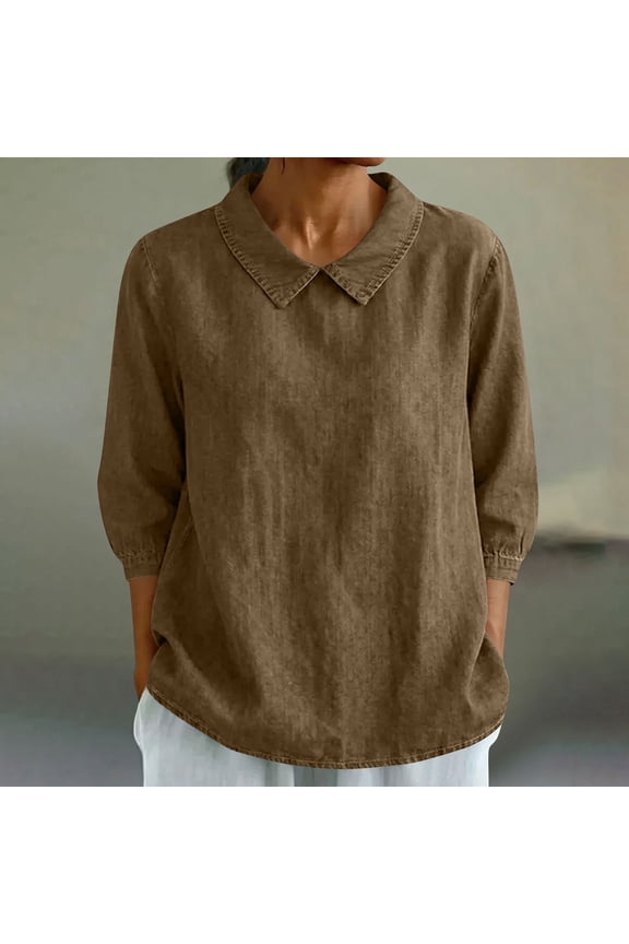 Women's 3/4 Sleeve Collared Pullover Top Loose Fit Rayon Polyester Blend Casual Blouse for Spring Summer Daily Home & Work Wear