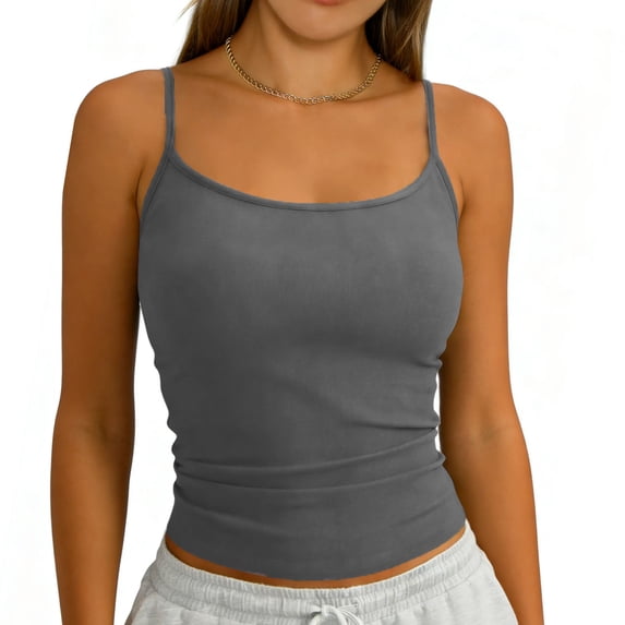 Babysbule Women's Adjustable Spaghetti Strap Fitted Cami Tank Top, Solid Color Sleeveless Scoop Neck Shirt, Stretchy Polyester Spandex Blouse for Casual and All-Season Wear