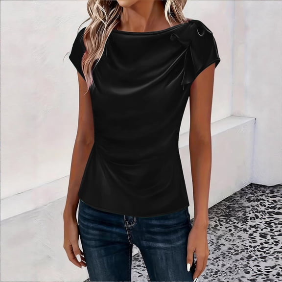 Babysbule Women's Asymmetrical Boat Neck Blouse, Short Sleeve Ruched Side Fitted Top with Bow Detail, Elegant Satin Casual Shirt for Spring and Summer