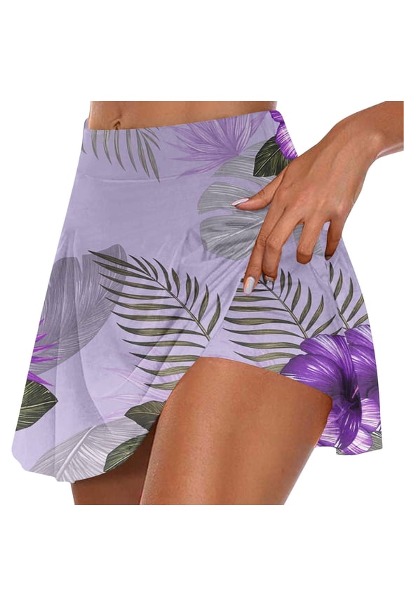 Women's Athletic Beach Skort High Waisted Sports Yoga Pleated Tennis Skirt Leaf Printed Sporty Gym Elastic Workout Skirt