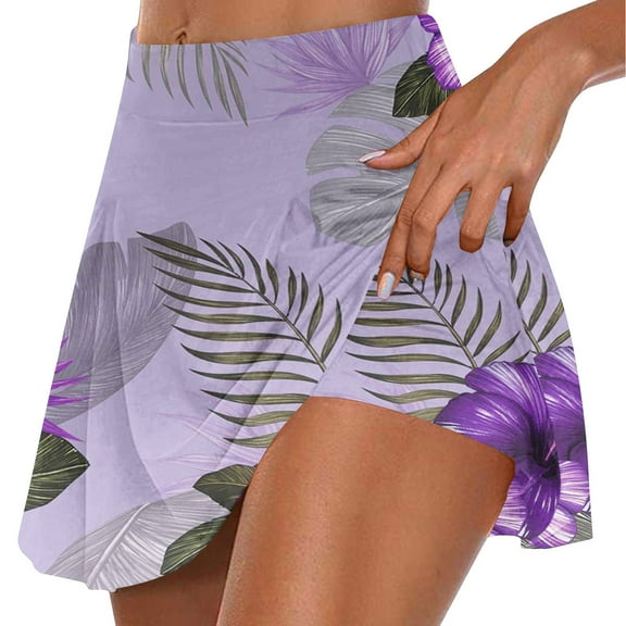 Babysbule Women's Athletic Beach Skort High Waisted Sports Yoga Pleated Tennis Skirt Leaf Printed Sporty Gym Elastic Workout Skirt