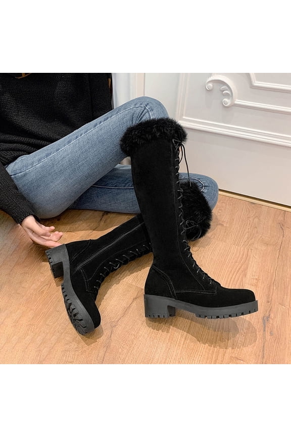 Women's Boot Fashion Autumn And Winter Rabbit Women's Boots Cross Lace Mid-heel Side Zipper High Boots Cotton Boots