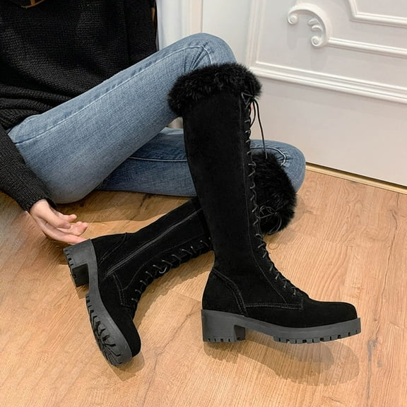 Babysbule Women's Boot Fashion Autumn And Winter Rabbit Women's Boots Cross Lace Mid-heel Side Zipper High Boots Cotton Boots
