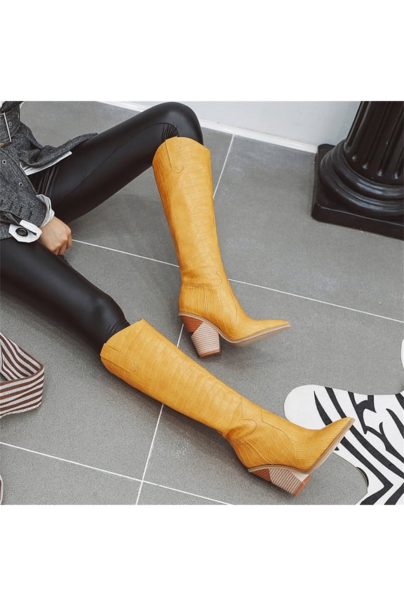 Women's Boot Fashion Fish Scales Pointed Toe High Boots Autumn And Winter Embossed Wood Grain Thick Heel High Heel Women's Boots