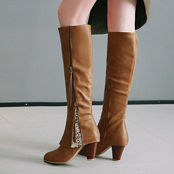 Babysbule Women's Boot Fashion Women Boots Winter Square High Heel Knee-high Zip Pointed Toe Shoes Fleece Vamp Female Boots