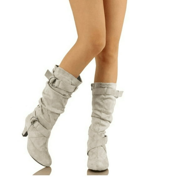 Babysbule Women's Boot Fashion Women's Middle Heel Belt Buckle Round Head Suede Solid Color High Boots Winter