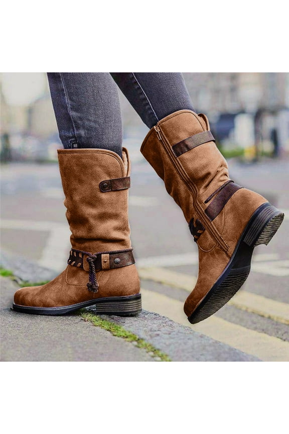 Women's Boot Fashion Women's Winter Warm Suede Rope Ethnic Wind Boots Low Heel Side Zipper Boots
