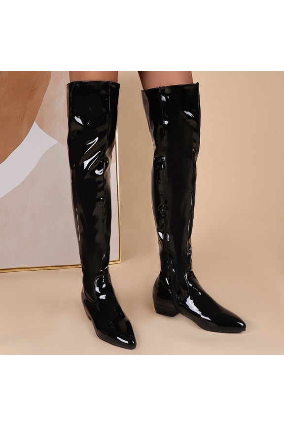 Women's Boots Fashion Fall/Winter Candy Low Heel Patent Leather Side Zip Tall Over-the-Knee Boots