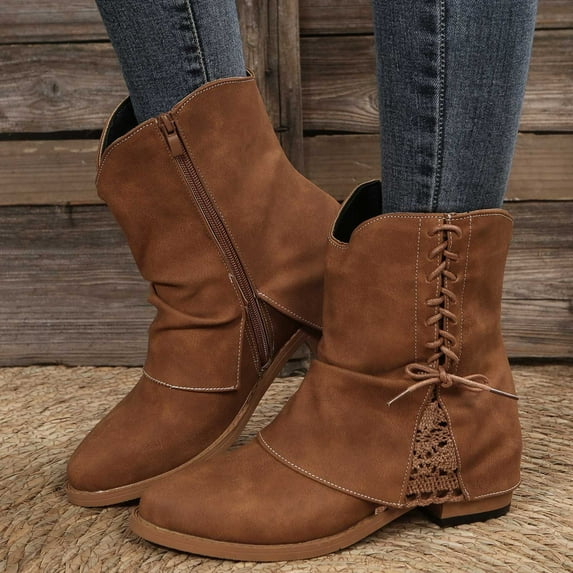 Babysbule Women's Boots Fashion Women's Vintage Fashion Round Toe Flanged Side Zip Low Heel Ankle Boots