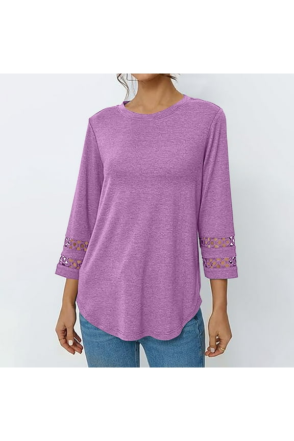 Women's Casual 3/4 Sleeve Round Neck Blouse Loose Fit Comfy Polyester Spandex Tunic Top for Home Daily Wear