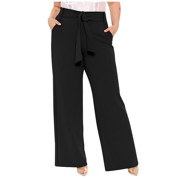Babysbule Women's Casual Full-Length Loose Pants Solid High Waist Trousers Long Straight Wide Leg Pants