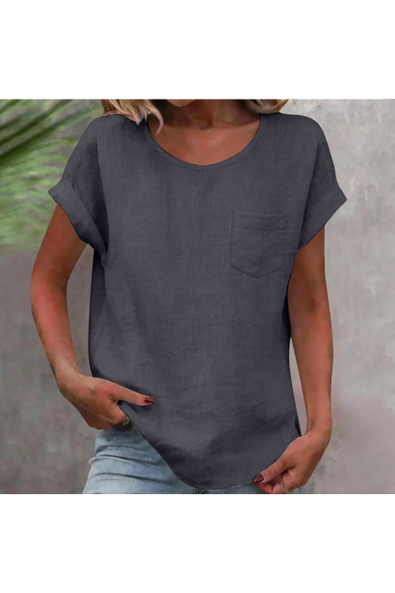 Women's Casual Linen Blend T-Shirt Round Neck Short Sleeve Pocket Top for Spring Summer Daily Wear