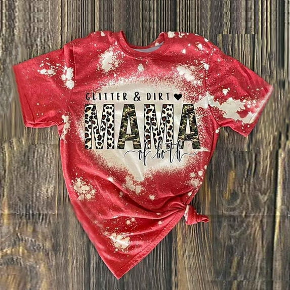 Babysbule Women's Casual Short Sleeve Tops Digital Tie Printing Round Neck Loose Womens Day Tops