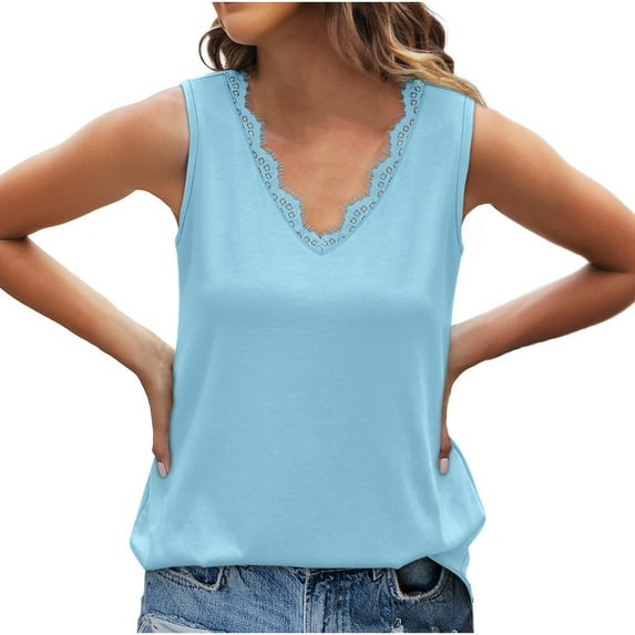 Babysbule Women's Casual Sleeveless V-Neck Lace Top Lightweight Comfortable Blouse for Daily Wear