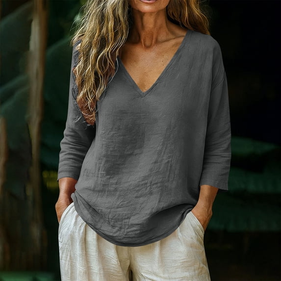 Babysbule Women's Casual V Neck 3/4 Sleeve Blouse, Cotton Linen Loose Fit Tunic Tops for Plus Size Daily Wear