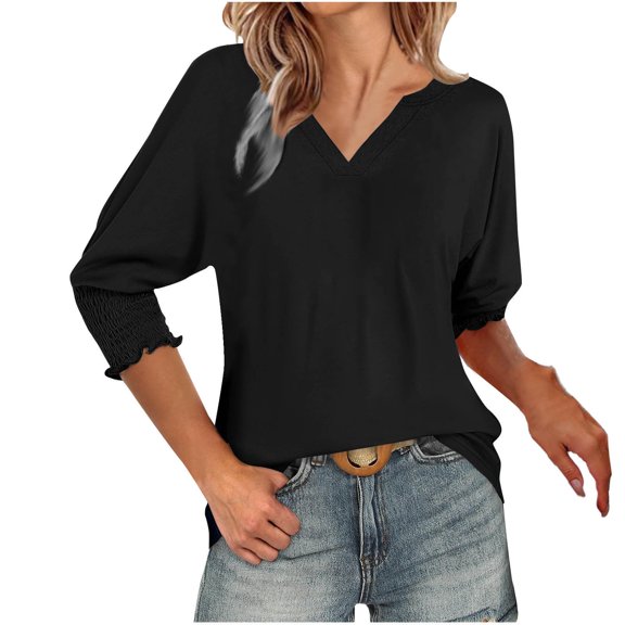 Babysbule Women's Casual V-Neck 3/4 Sleeve Blouse Lightweight Soft Polyester Summer Top Stylish Solid Wear for Daily Party Work