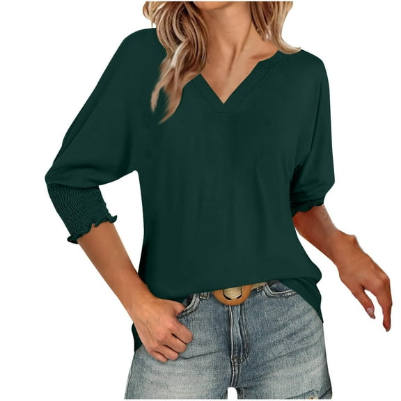 Babysbule Women's Casual V-Neck 3/4 Sleeve Blouse Lightweight Soft Polyester Summer Top Stylish Solid Wear for Daily Party Work