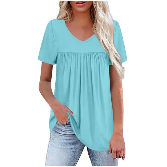 Babysbule Women's Casual V-Neck Pleated Blouse Short Sleeve Summer Fashion Top Lightweight Comfortable Polyester Solid Stylish Daily Wear