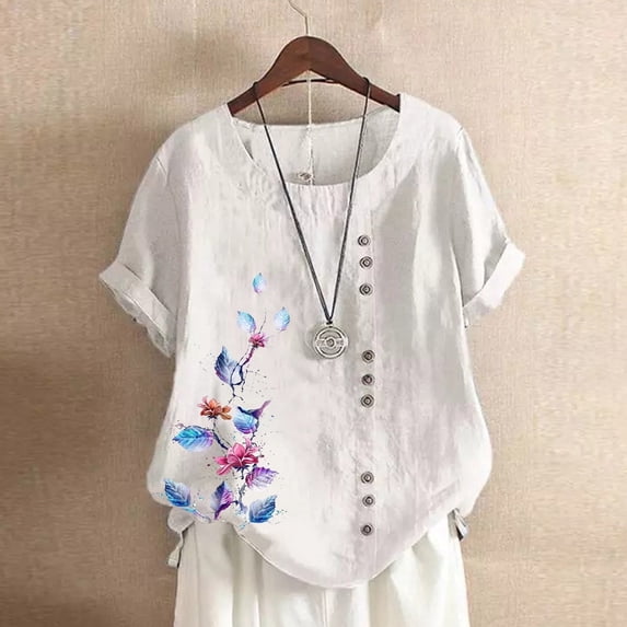 Babysbule Women's Tops Fashion Woman Rounk Neck Short Sleeve Blouse T-Shirt Printing Loose Tops