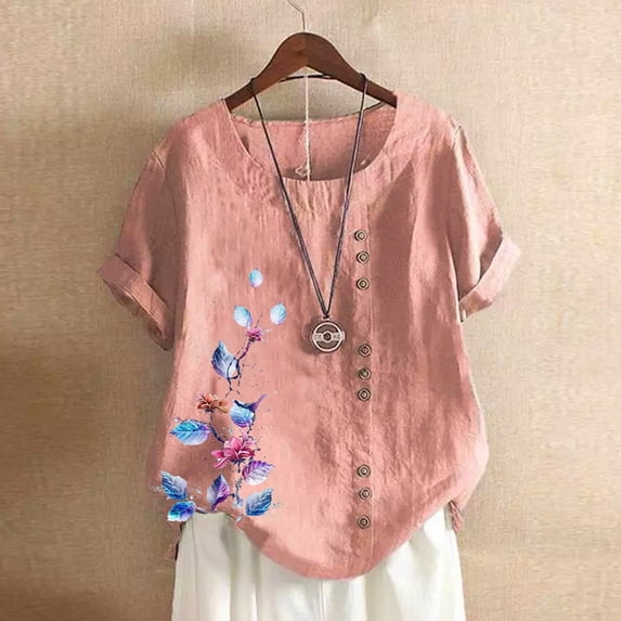Babysbule Women's Tops Fashion Woman Rounk Neck Short Sleeve Blouse T-Shirt Printing Loose Tops