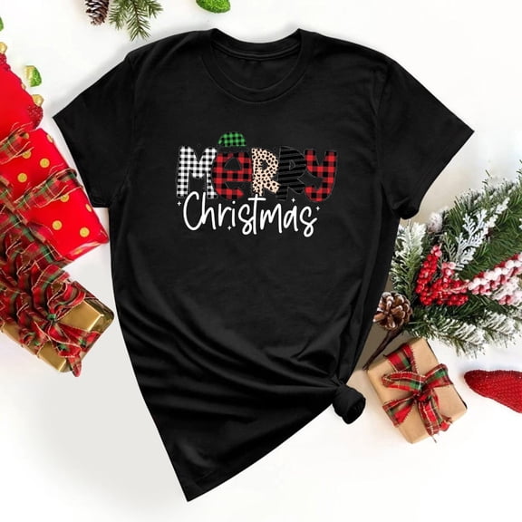 Babysbule Women's Tops Fashion Women Christmas Letter Print Short Sleeve T-shirt Novelty Graphic Tops