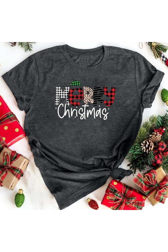 Women's Summer Tops Fashion Women Christmas Letter Print Short Sleeve T-shirt Novelty Graphic Tops