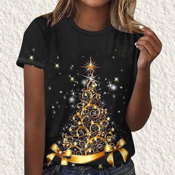 Babysbule Women's Tops Fashion Women Christmas Tree Print Short Sleeve T-shirt Novelty Graphic Tops