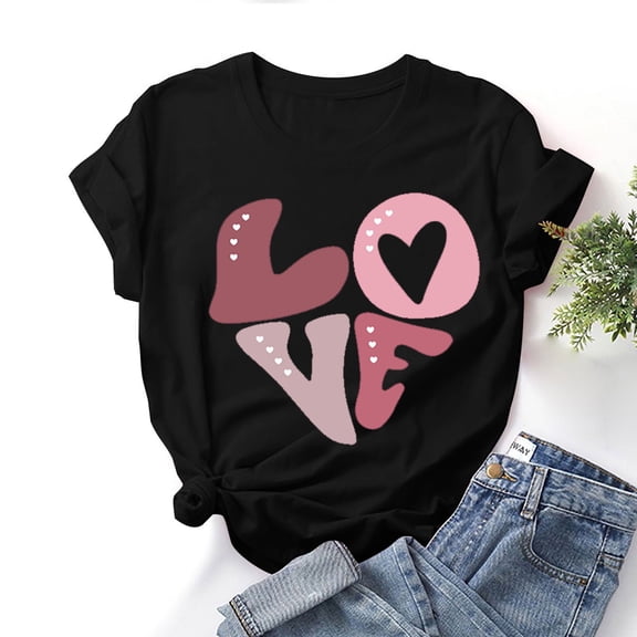 Babysbule Women's Tops Fashion Women Valentine's Day Print Short Sleeve T-shirt Novelty Graphic Tops