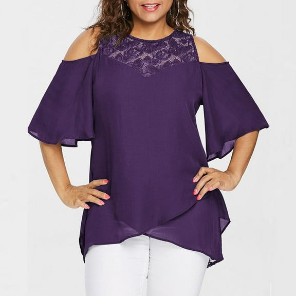 Babysbule Women's Tops Plus Size Women O-Neck Cold Shoulder Solid Lace Short Sleeve Zipper Tops Blouse