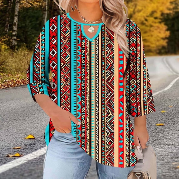 Babysbule Crewneck with Front Cutout 3/4 Sleeve, Position Print, Blouse & Top (Women's Plus Size)