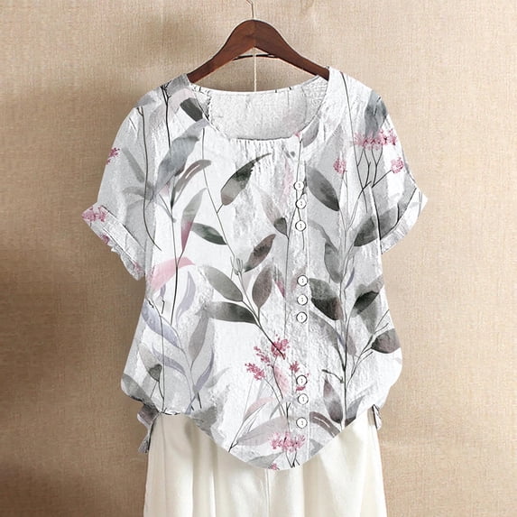 Babysbule Women's Tops Women Buttons O-Neck Short Sleeve Floral Print Buttons Cotton Linen Vintage Top