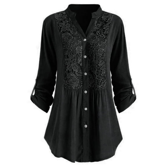 Babysbule Women's Tops Women Ladies Large Size Button Solid Lace V-Neck Long Sleeve Shirt Blouse