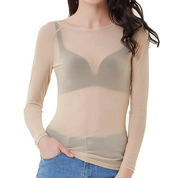 Babysbule Women's Tops Women See-Through Long Sleeve Seamless Arm Shaper Top Mesh Shirt Blouse