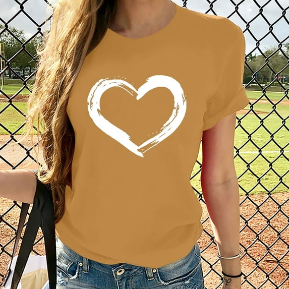 Babysbule Women's Tops Women Short Sleeves Crewneck Heart-shaped Print Casual Tops Blouse T-shirt