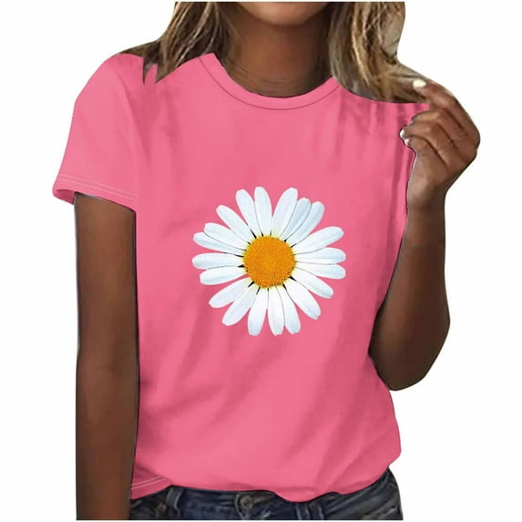 Babysbule Women's Tops Women's Fashion Crewneck Flower Printed Short Sleeve T-shirt Casual Loose Shirt Tops