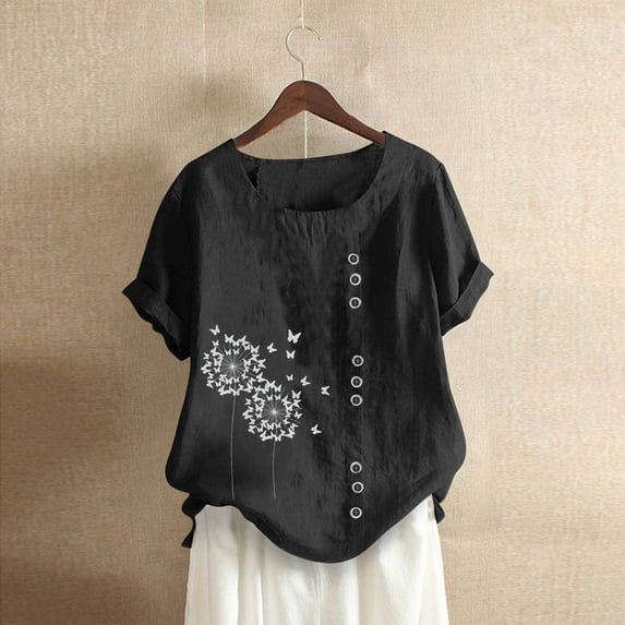 Babysbule Women's Tops Womens Casual Loose Button Linen Plus Size Print Boho Tanic Shirt Blouse Tops